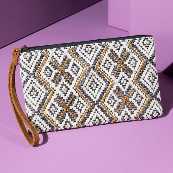 Handmade Hand Beaded Wristlet Clutch - Ethnic Inspired Motive - Gold Seed Beeds - Picture 2 of 11